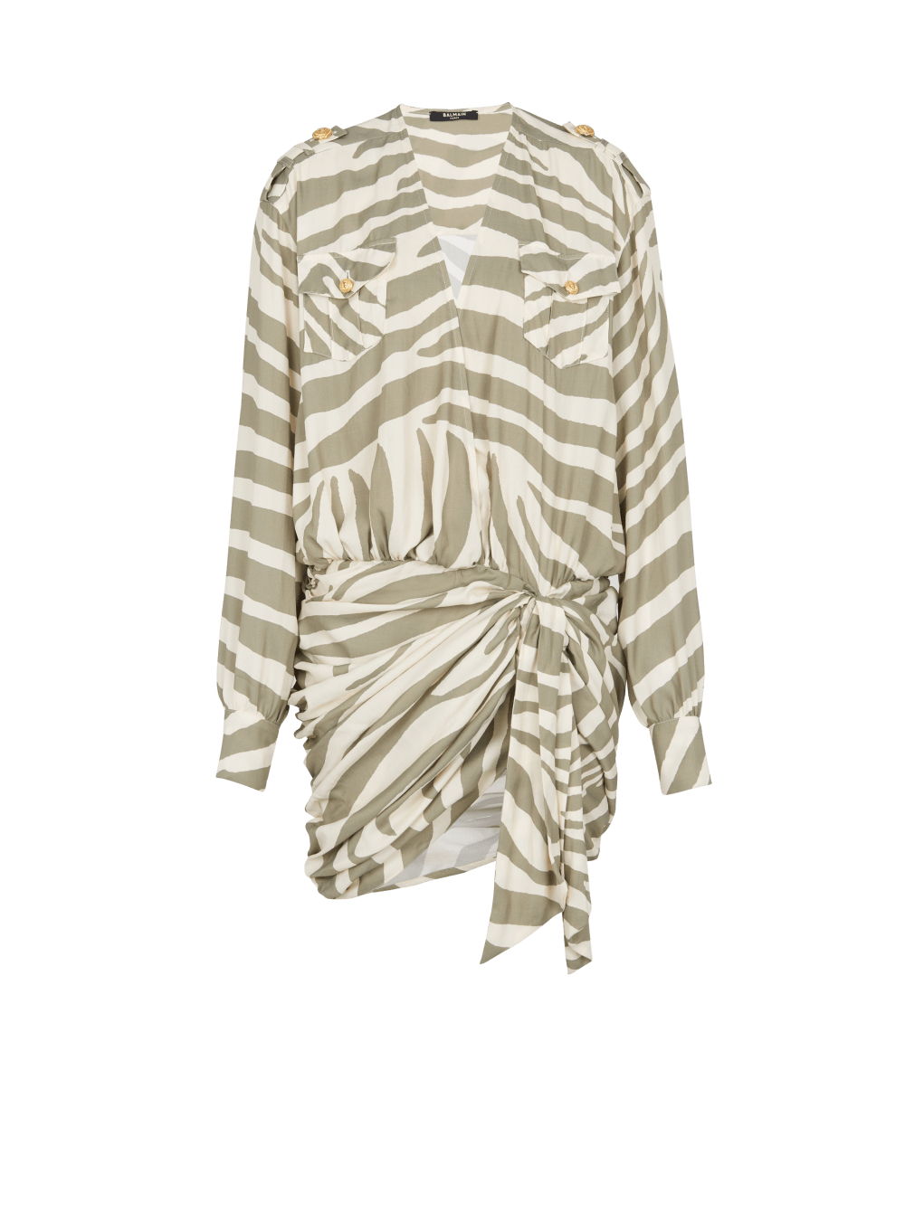 Women\'s Balmain Draped Zebra Print Dress Khaki | USA h0hnu6Pi