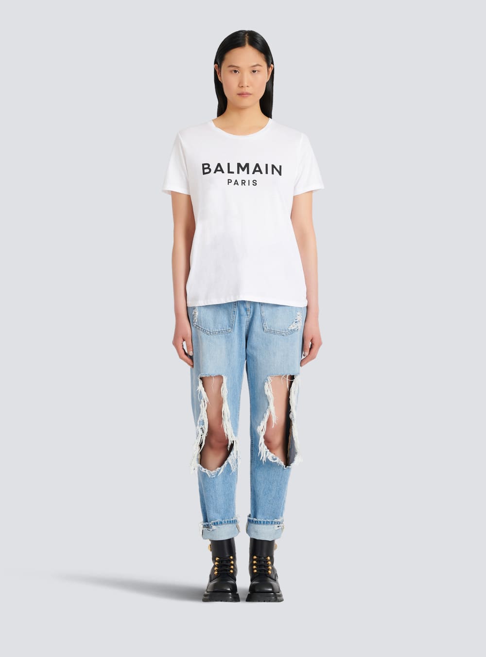 Women's Balmain Eco-designed Cotton With Flocked Logo T Shirts White | USA 18ii6kHZ