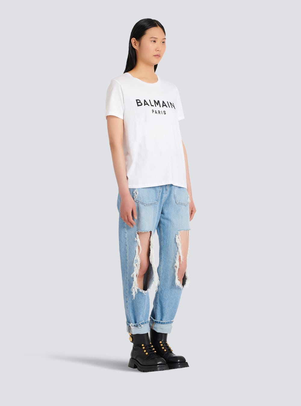 Women's Balmain Eco-designed Cotton With Flocked Logo T Shirts White | USA 18ii6kHZ