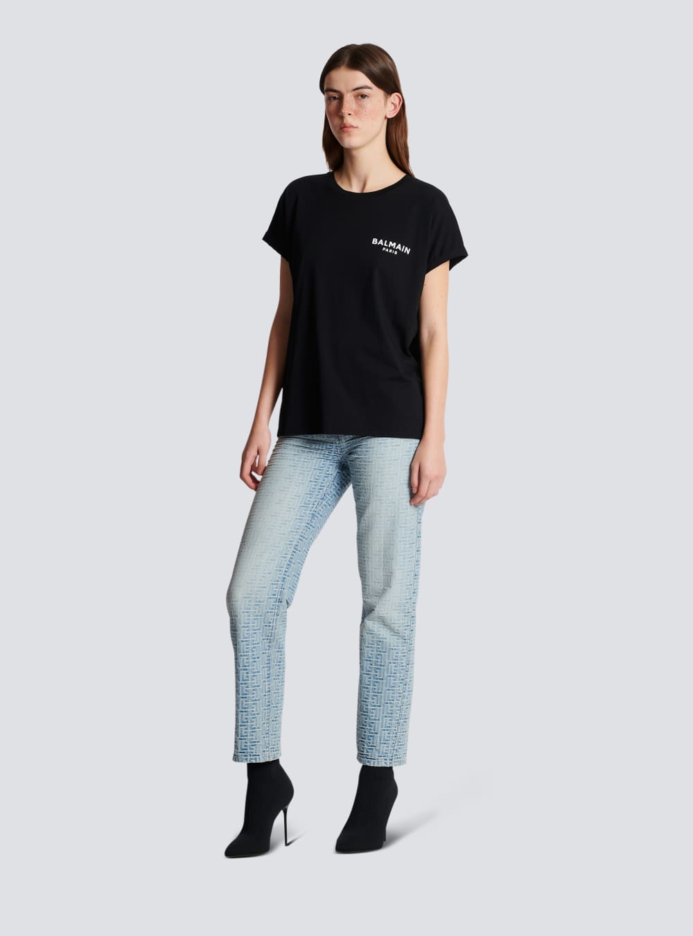 Women's Balmain Eco-designed Cotton With Small Flocked Logo T Shirts Black | USA N5WAKhLt