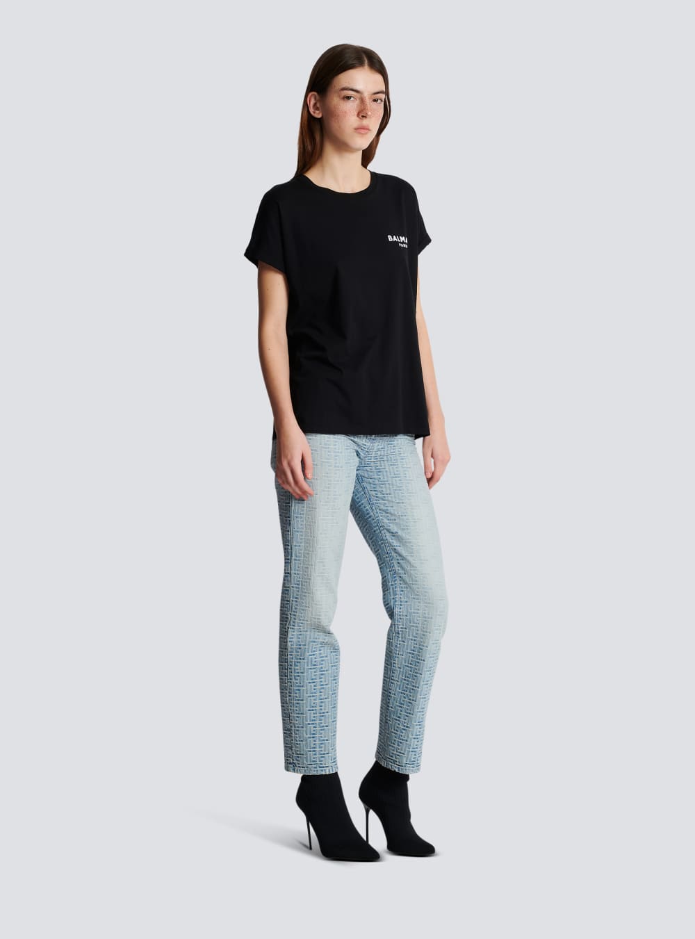 Women's Balmain Eco-designed Cotton With Small Flocked Logo T Shirts Black | USA N5WAKhLt