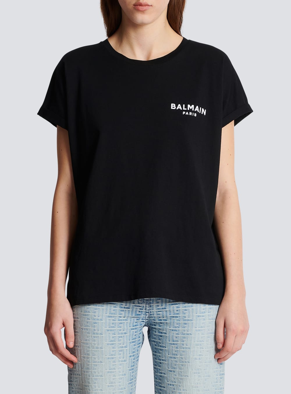 Women's Balmain Eco-designed Cotton With Small Flocked Logo T Shirts Black | USA N5WAKhLt