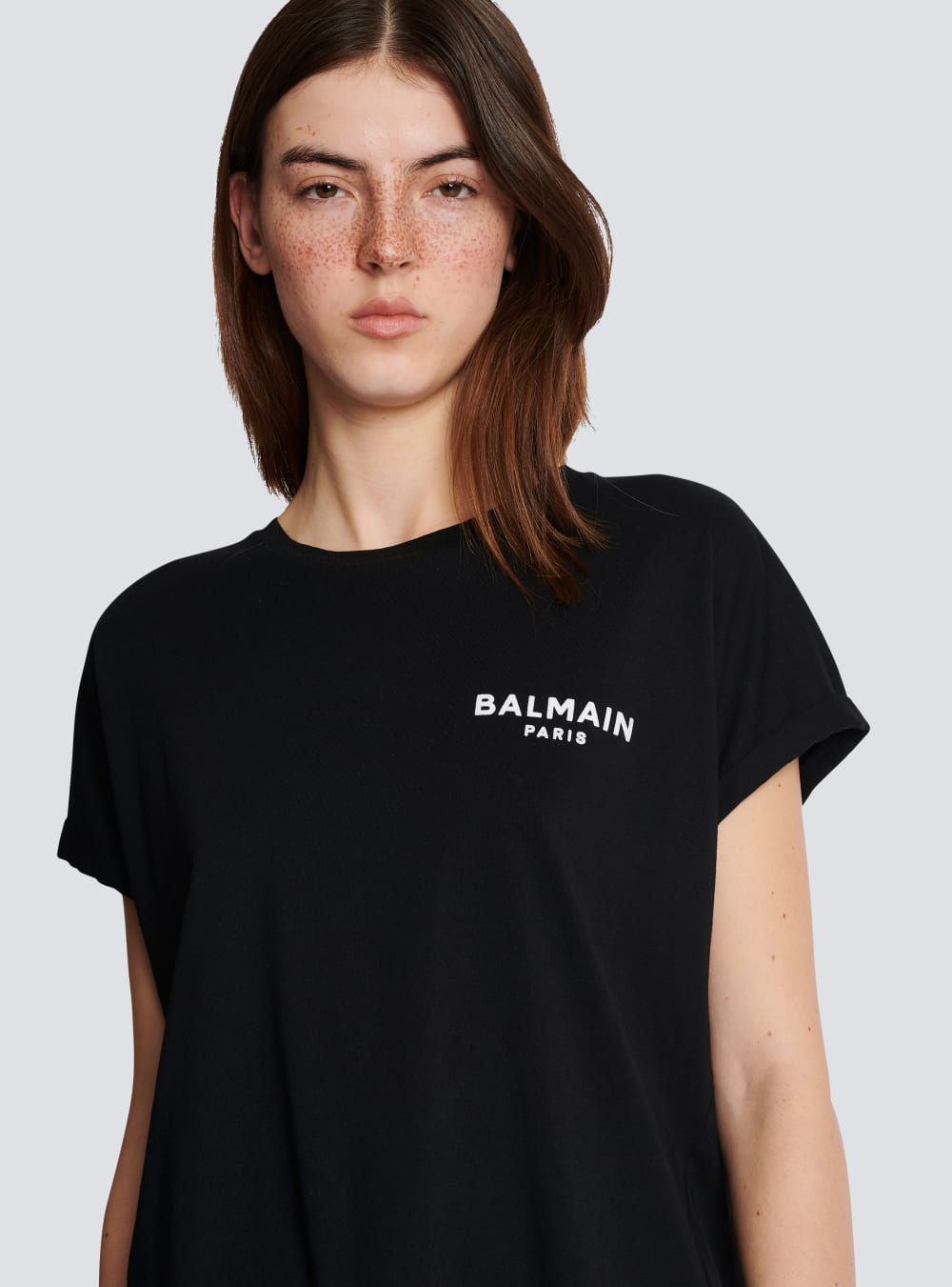 Women's Balmain Eco-designed Cotton With Small Flocked Logo T Shirts Black | USA N5WAKhLt