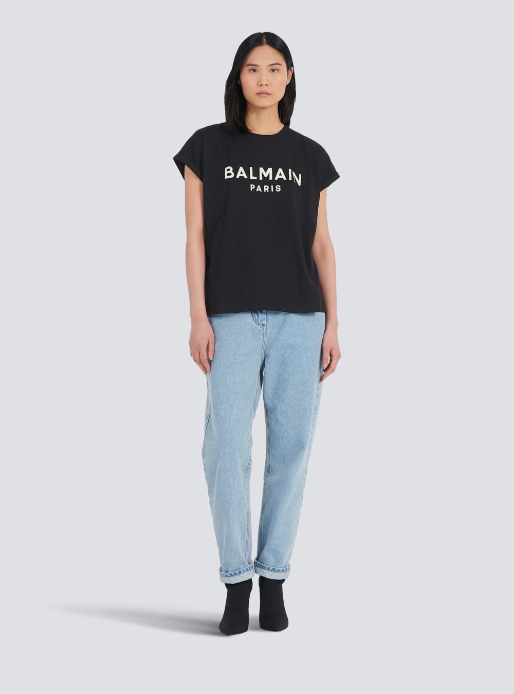 Women's Balmain Eco-designed Cotton With Logo Print T Shirts Black | USA YYy0NCWf