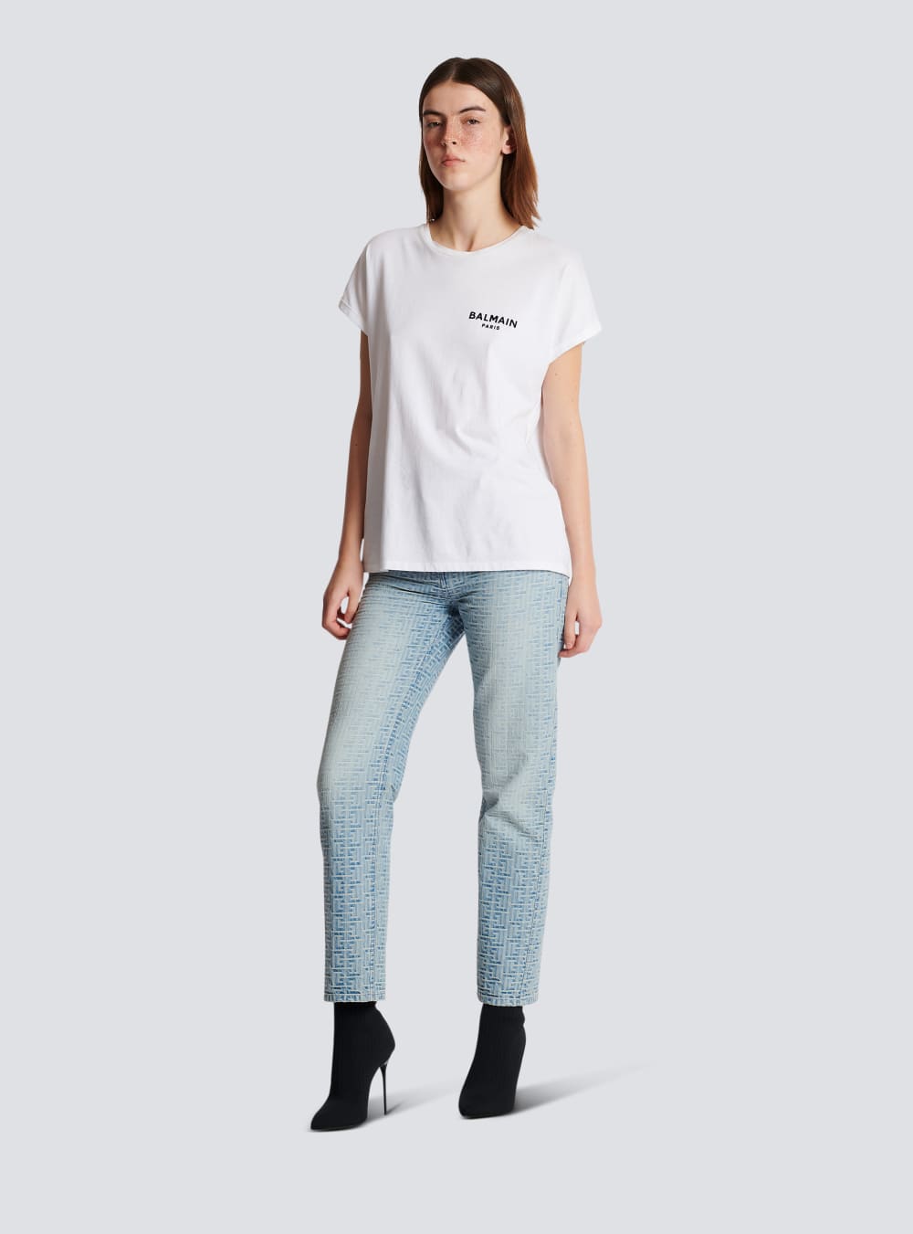 Women's Balmain Eco-designed Cotton With Small Flocked Logo T Shirts White | USA a4hMKy61