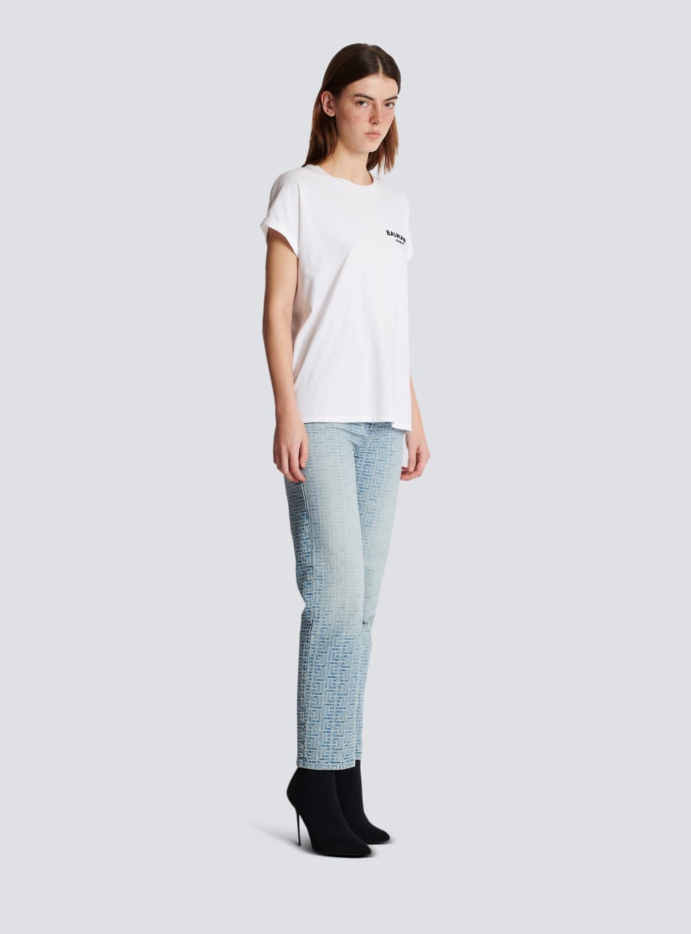 Women's Balmain Eco-designed Cotton With Small Flocked Logo T Shirts White | USA a4hMKy61