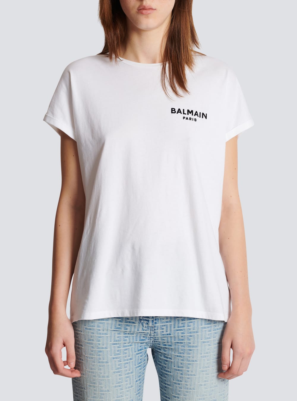 Women's Balmain Eco-designed Cotton With Small Flocked Logo T Shirts White | USA a4hMKy61