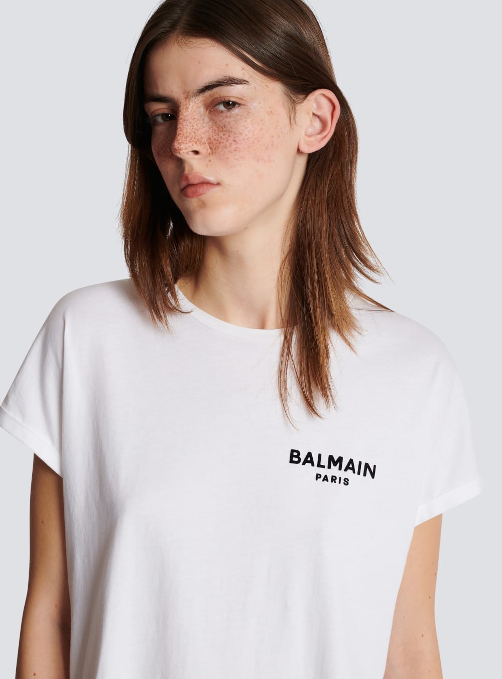 Women's Balmain Eco-designed Cotton With Small Flocked Logo T Shirts White | USA a4hMKy61