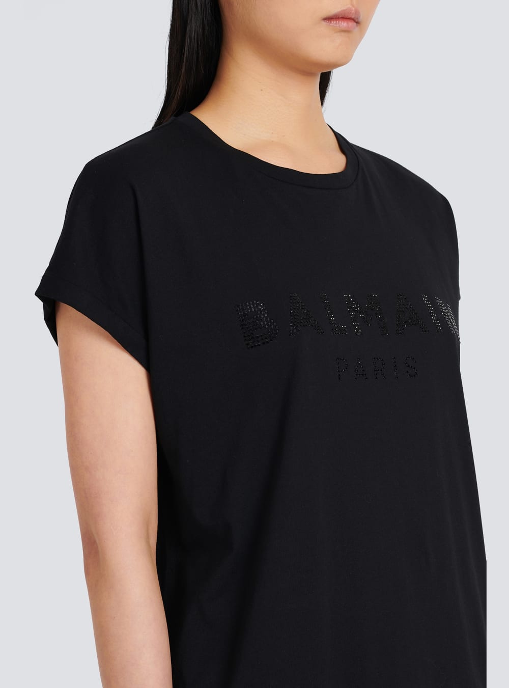 Women's Balmain Eco-designed Cotton With Rhinestone Logo T Shirts Black | USA e7pYL3dW