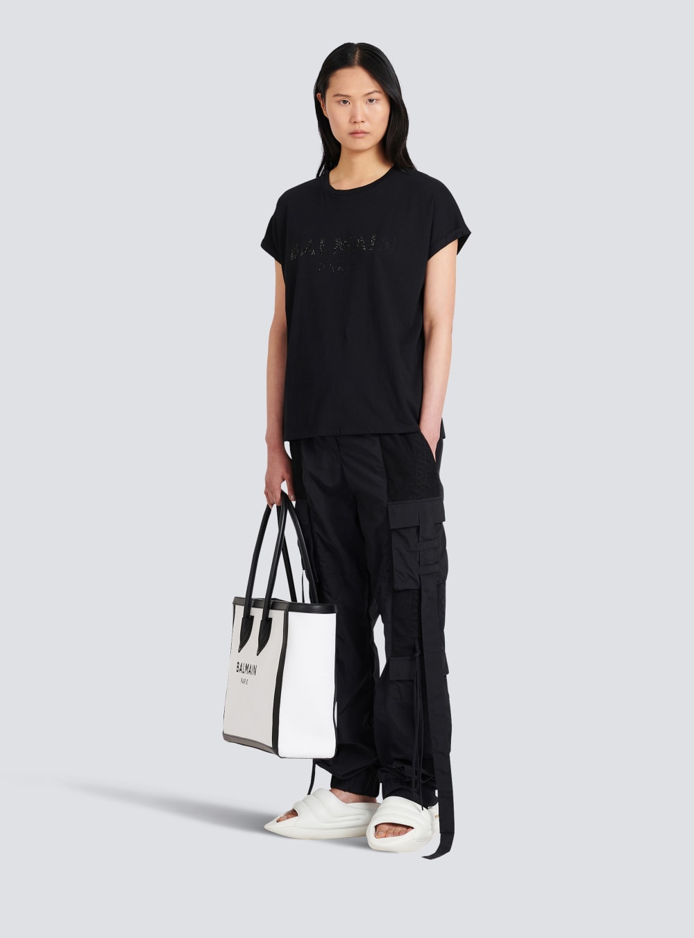 Women's Balmain Eco-designed Cotton With Rhinestone Logo T Shirts Black | USA e7pYL3dW