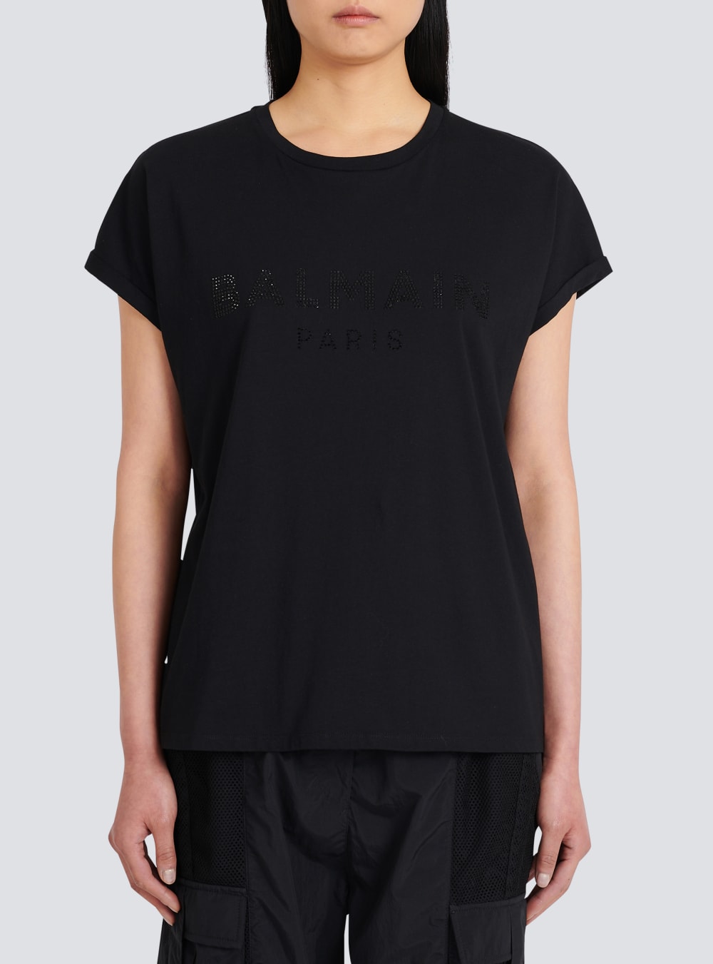 Women's Balmain Eco-designed Cotton With Rhinestone Logo T Shirts Black | USA e7pYL3dW