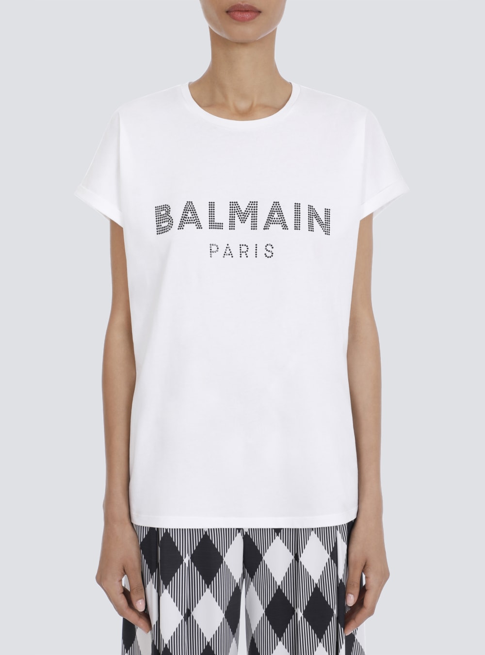 Women's Balmain Eco-designed Cotton With Rhinestone Logo T Shirts White | USA zNWXd76D