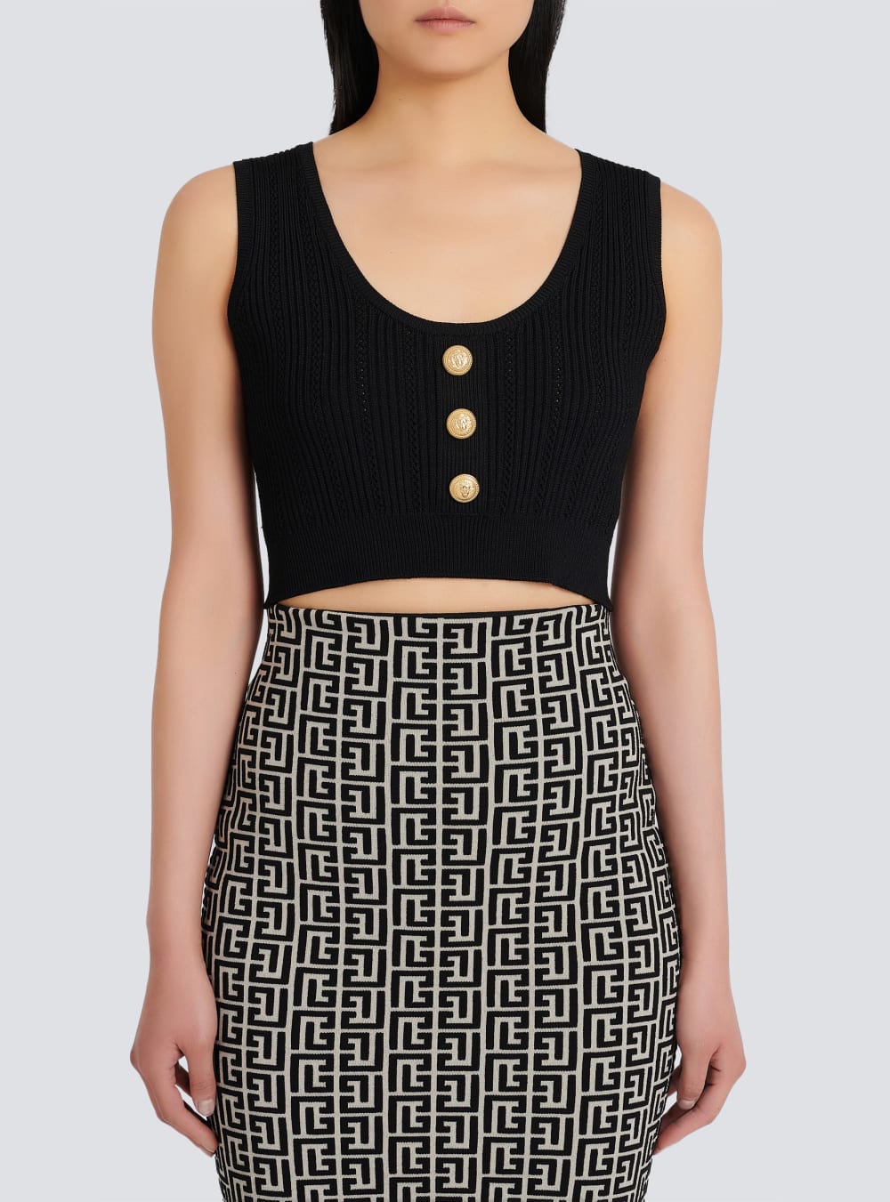 Women's Balmain Eco-designed Knit Crop Tops Black | USA tRRzb7Ck