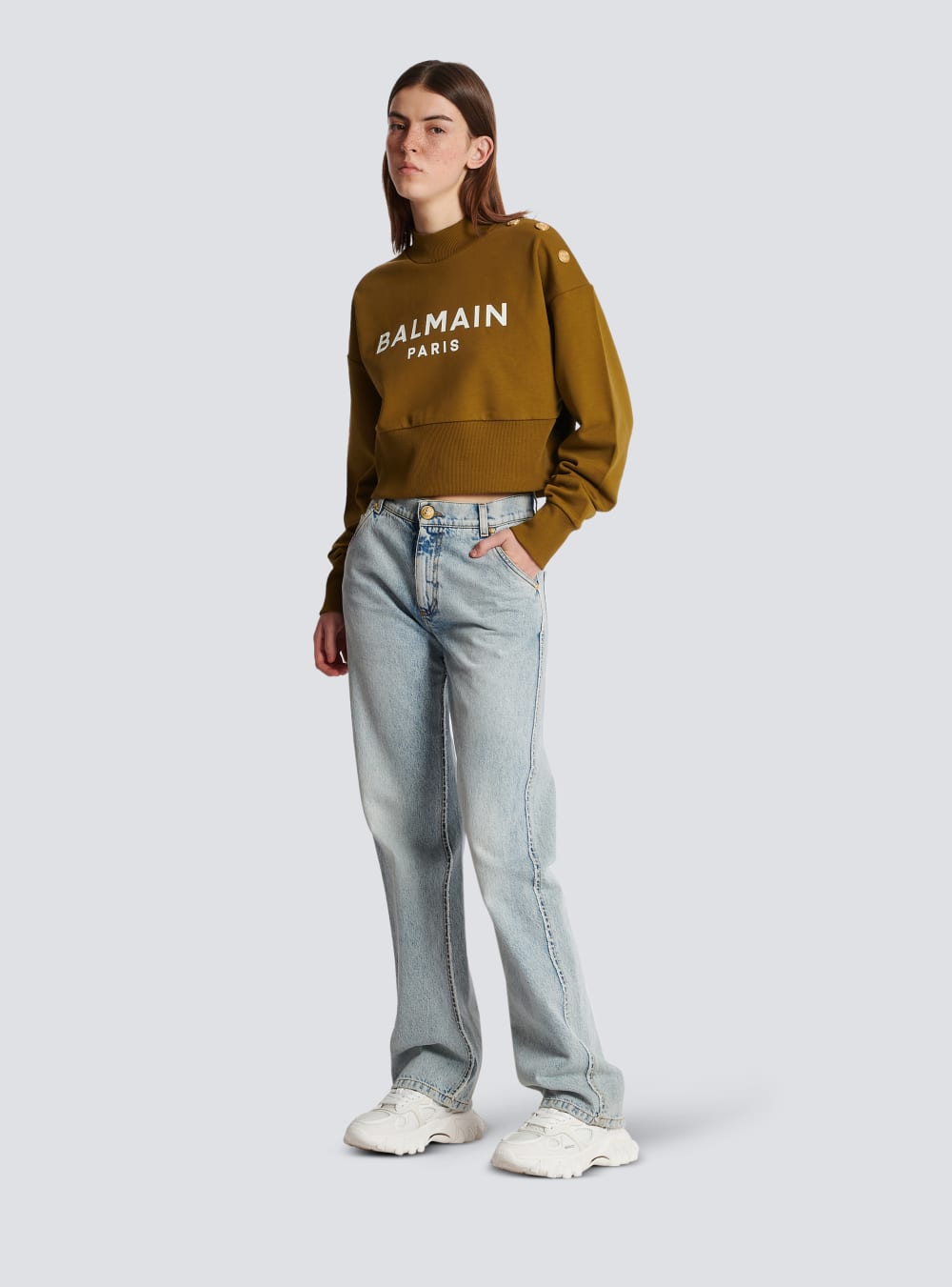 Women's Balmain Eco-responsible Cotton Cropped With Logo Print Sweatshirts Khaki | USA 7t3qoHkV