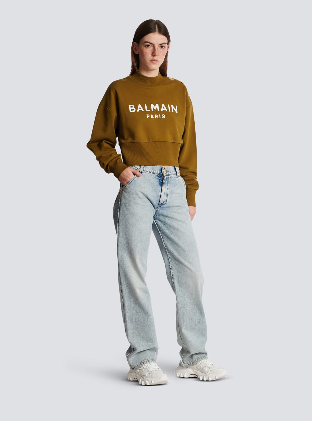 Women's Balmain Eco-responsible Cotton Cropped With Logo Print Sweatshirts Khaki | USA 7t3qoHkV