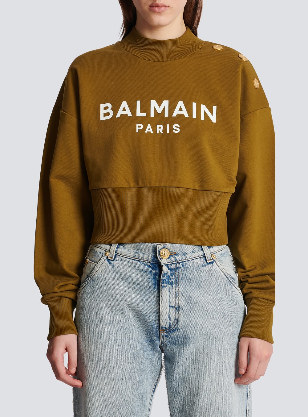 Women's Balmain Eco-responsible Cotton Cropped With Logo Print Sweatshirts Khaki | USA 7t3qoHkV