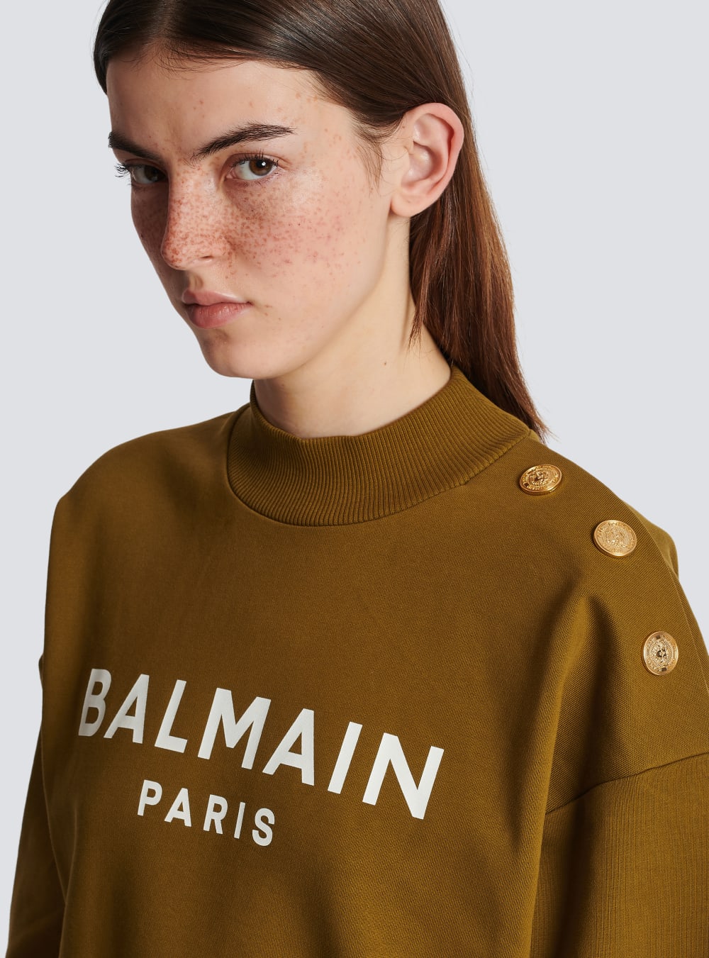 Women's Balmain Eco-responsible Cotton Cropped With Logo Print Sweatshirts Khaki | USA 7t3qoHkV