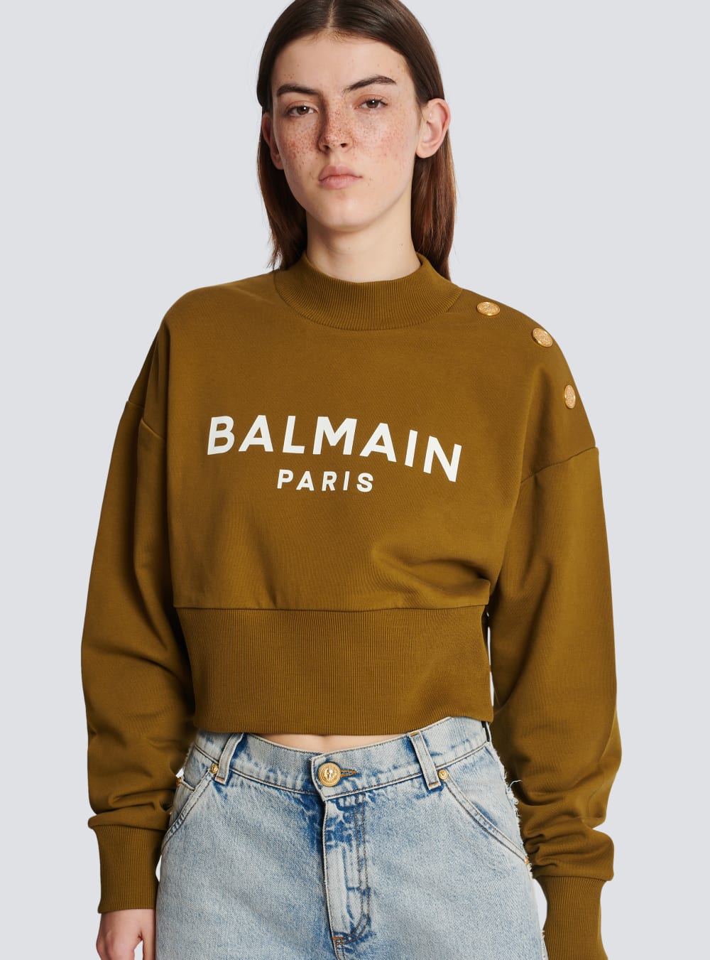 Women's Balmain Eco-responsible Cotton Cropped With Logo Print Sweatshirts Khaki | USA 7t3qoHkV