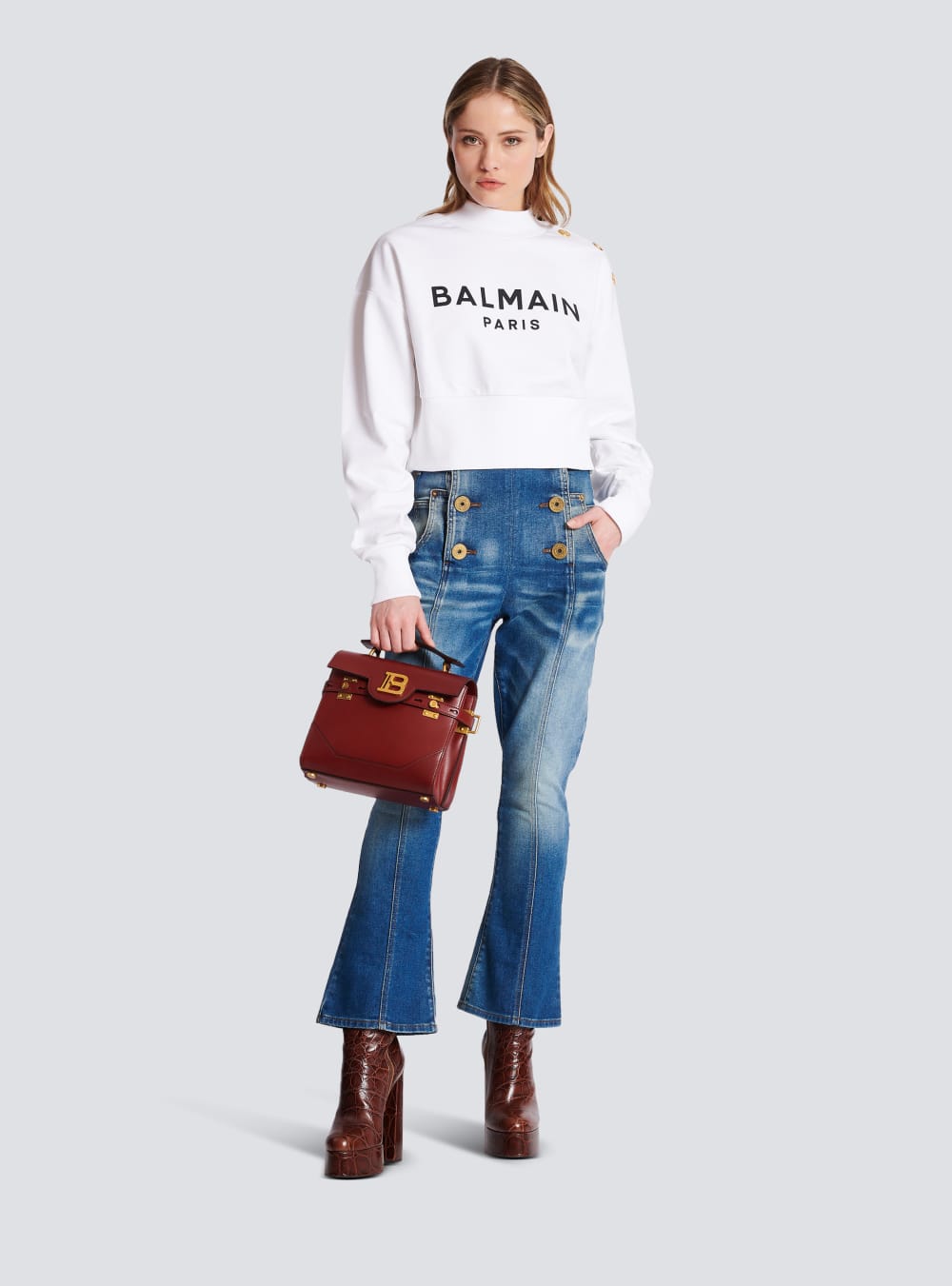 Women's Balmain Eco-responsible Cotton Cropped With Logo Print Sweatshirts White | USA N68Hi0ZV