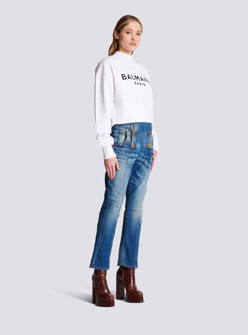 Women's Balmain Eco-responsible Cotton Cropped With Logo Print Sweatshirts White | USA N68Hi0ZV