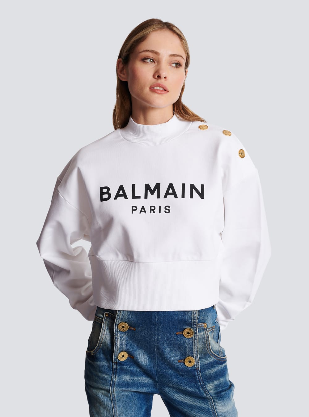 Women's Balmain Eco-responsible Cotton Cropped With Logo Print Sweatshirts White | USA N68Hi0ZV