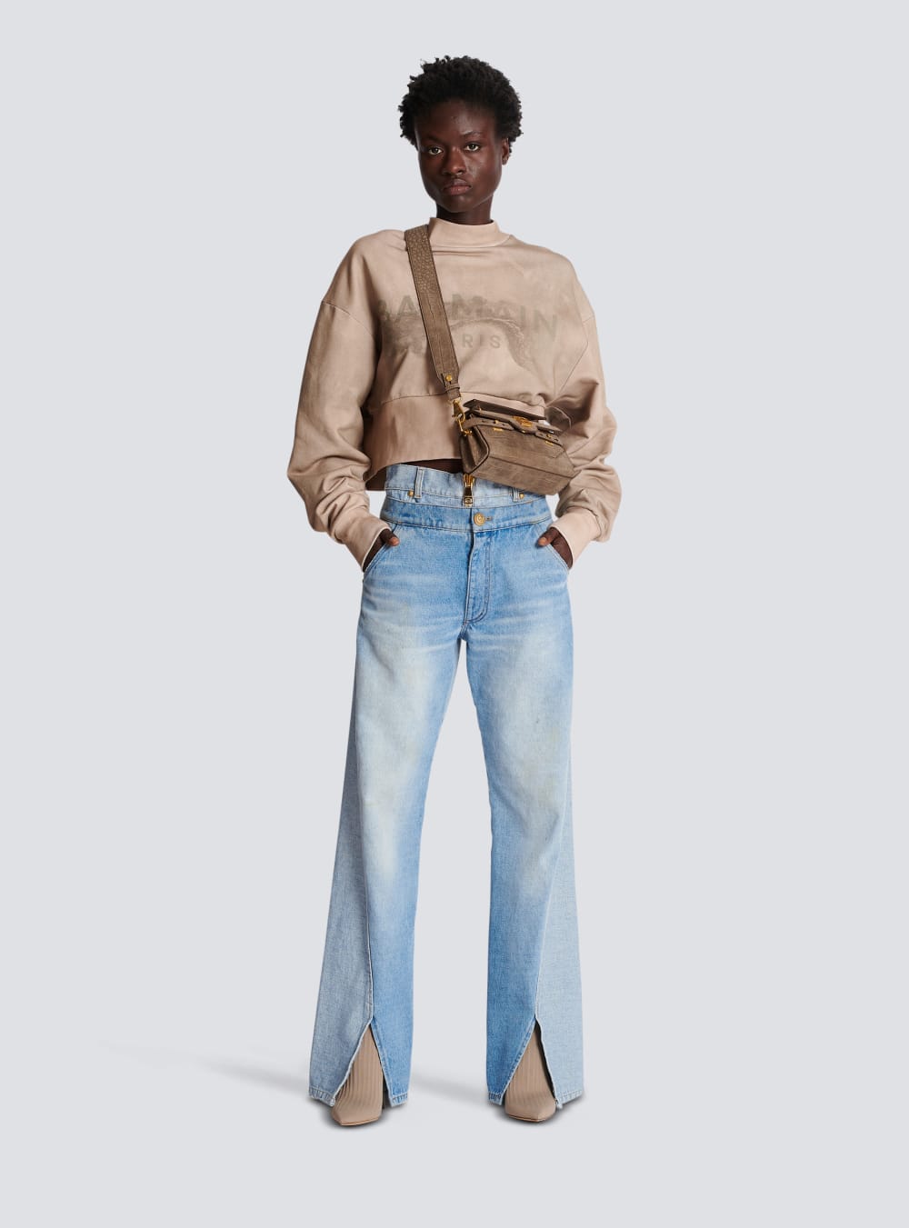 Women's Balmain Eco-responsible Cotton Cropped With Logo Print Sweatshirts Beige | USA bc2KslvT