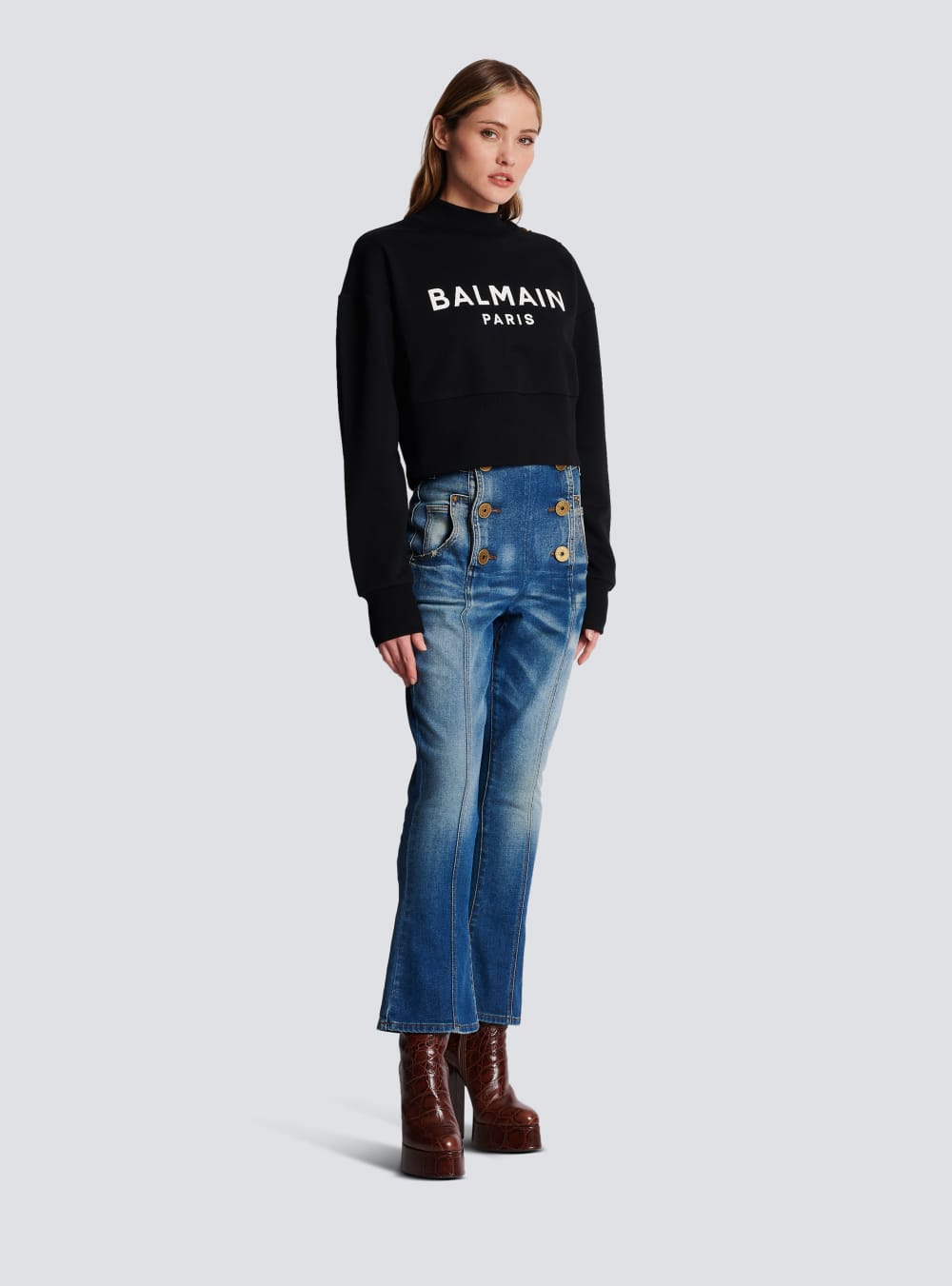 Women's Balmain Eco-responsible Cotton Cropped With Logo Print Sweatshirts Black | USA kQN45aC7