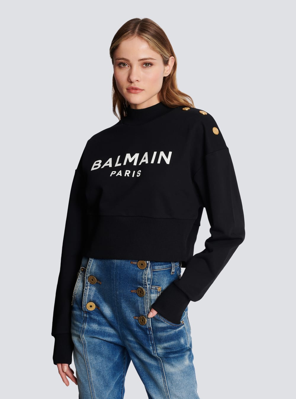 Women's Balmain Eco-responsible Cotton Cropped With Logo Print Sweatshirts Black | USA kQN45aC7