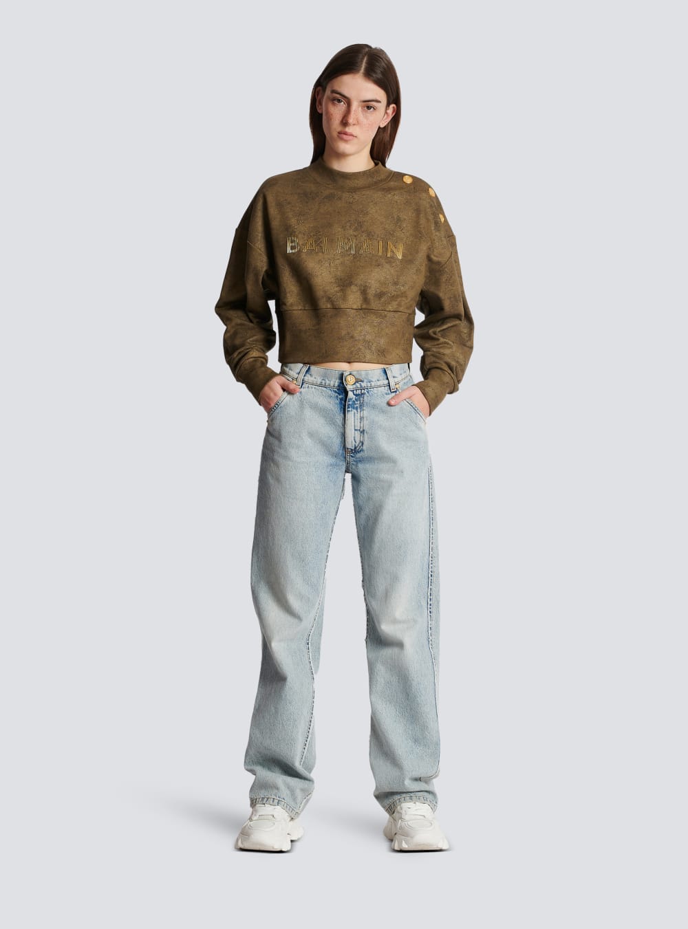 Women's Balmain Eco-responsible Cotton Cropped With Metallic Logo Sweatshirts Khaki | USA w6N6zHih