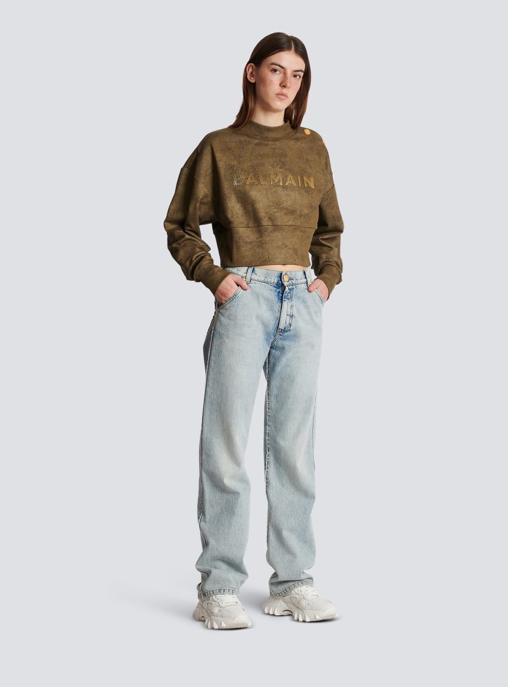 Women's Balmain Eco-responsible Cotton Cropped With Metallic Logo Sweatshirts Khaki | USA w6N6zHih