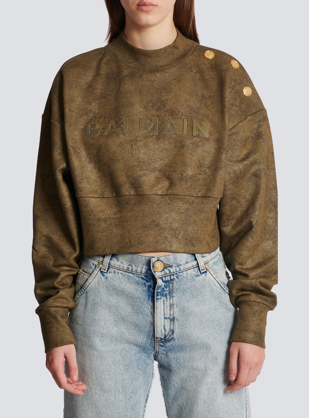 Women's Balmain Eco-responsible Cotton Cropped With Metallic Logo Sweatshirts Khaki | USA w6N6zHih