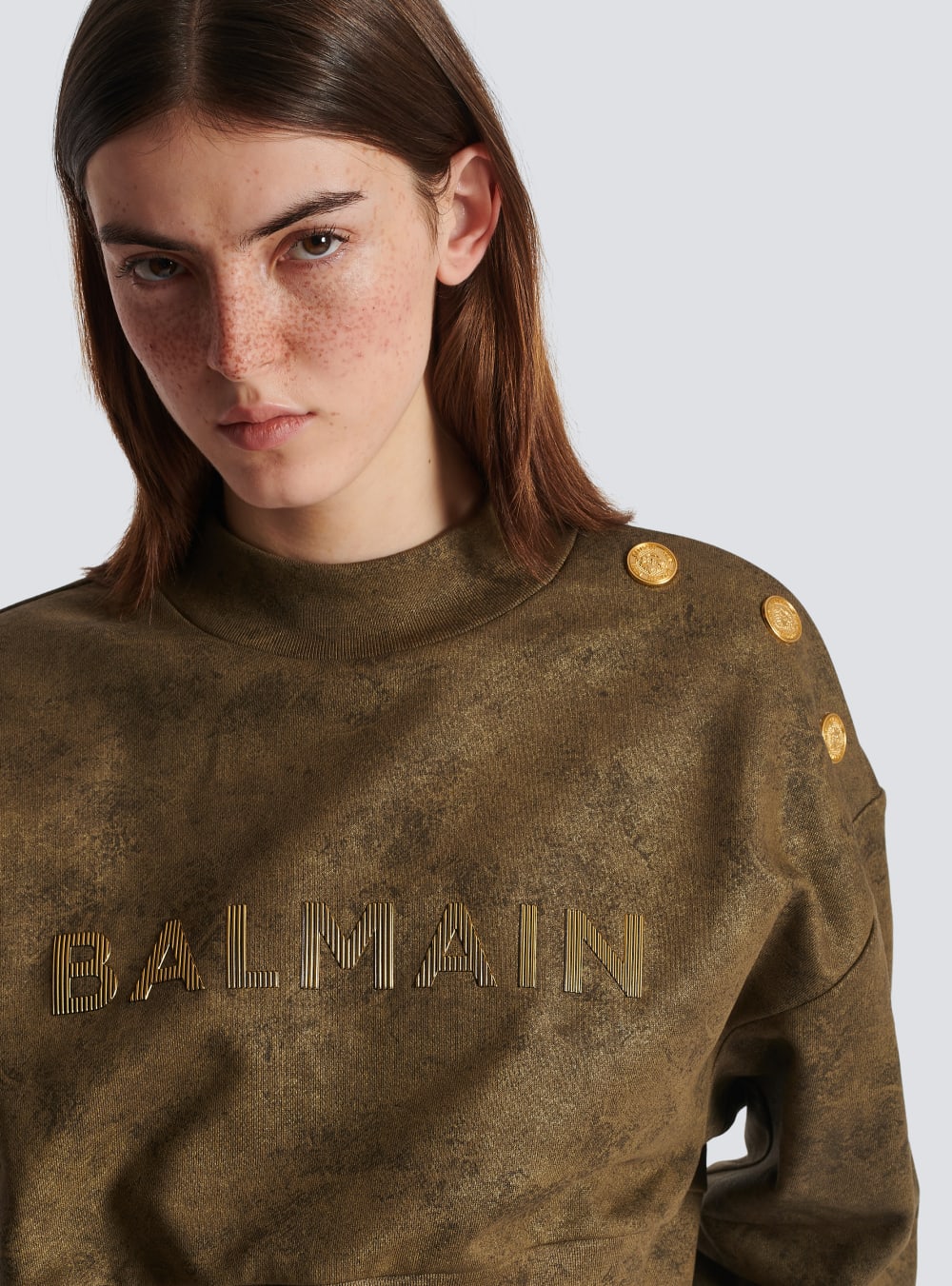 Women's Balmain Eco-responsible Cotton Cropped With Metallic Logo Sweatshirts Khaki | USA w6N6zHih