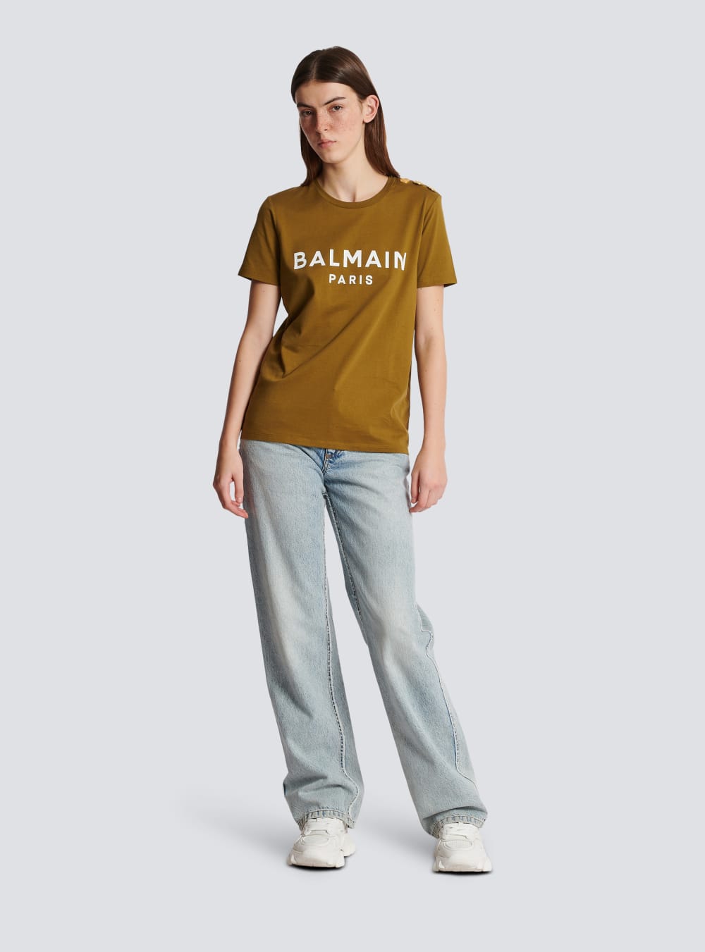 Women's Balmain Eco-responsible Cotton With Logo Print T Shirts Khaki | USA EYpEFOKZ