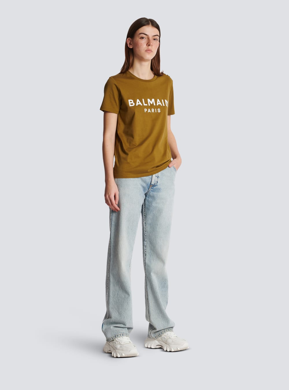 Women's Balmain Eco-responsible Cotton With Logo Print T Shirts Khaki | USA EYpEFOKZ