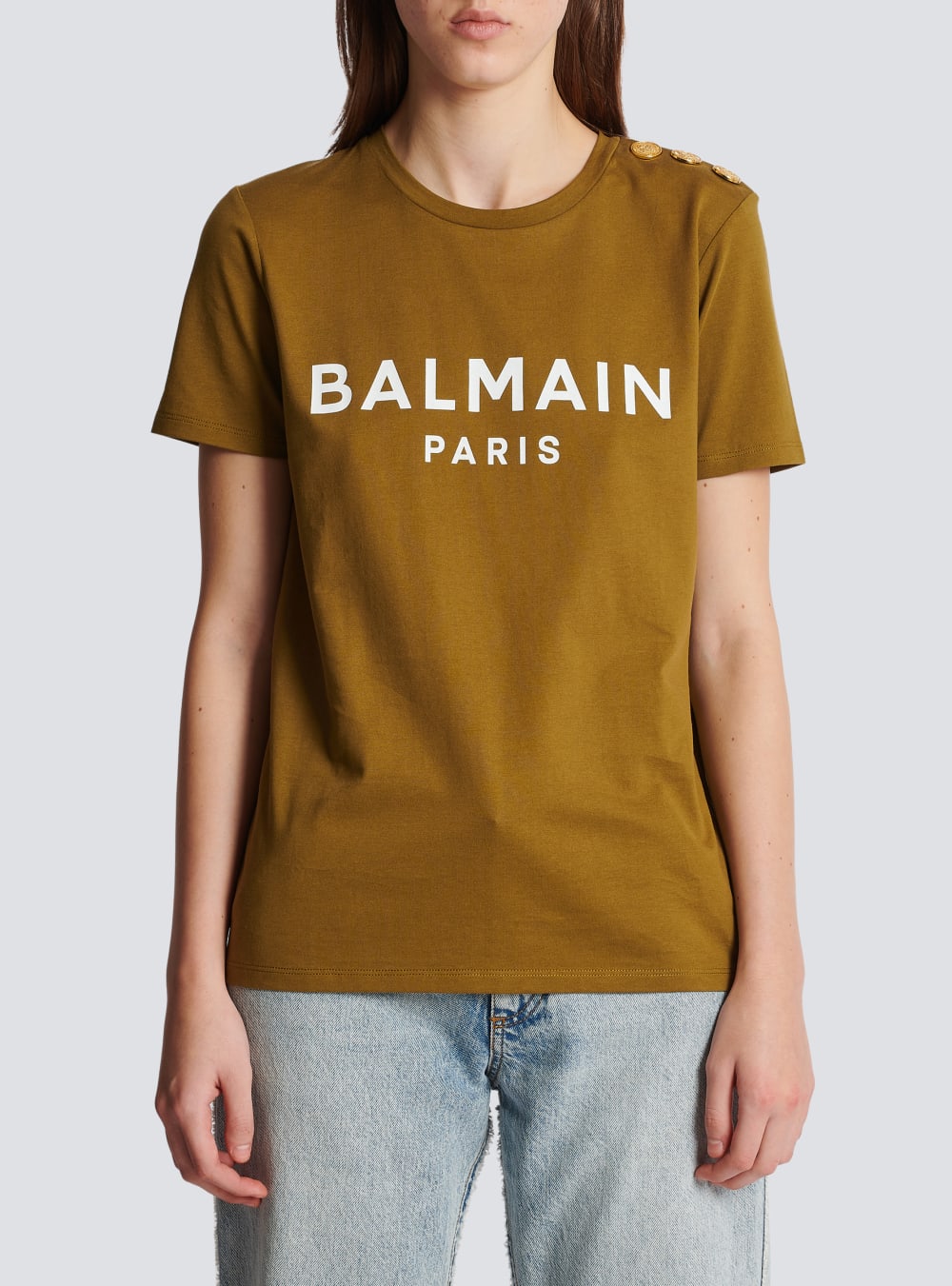 Women's Balmain Eco-responsible Cotton With Logo Print T Shirts Khaki | USA EYpEFOKZ