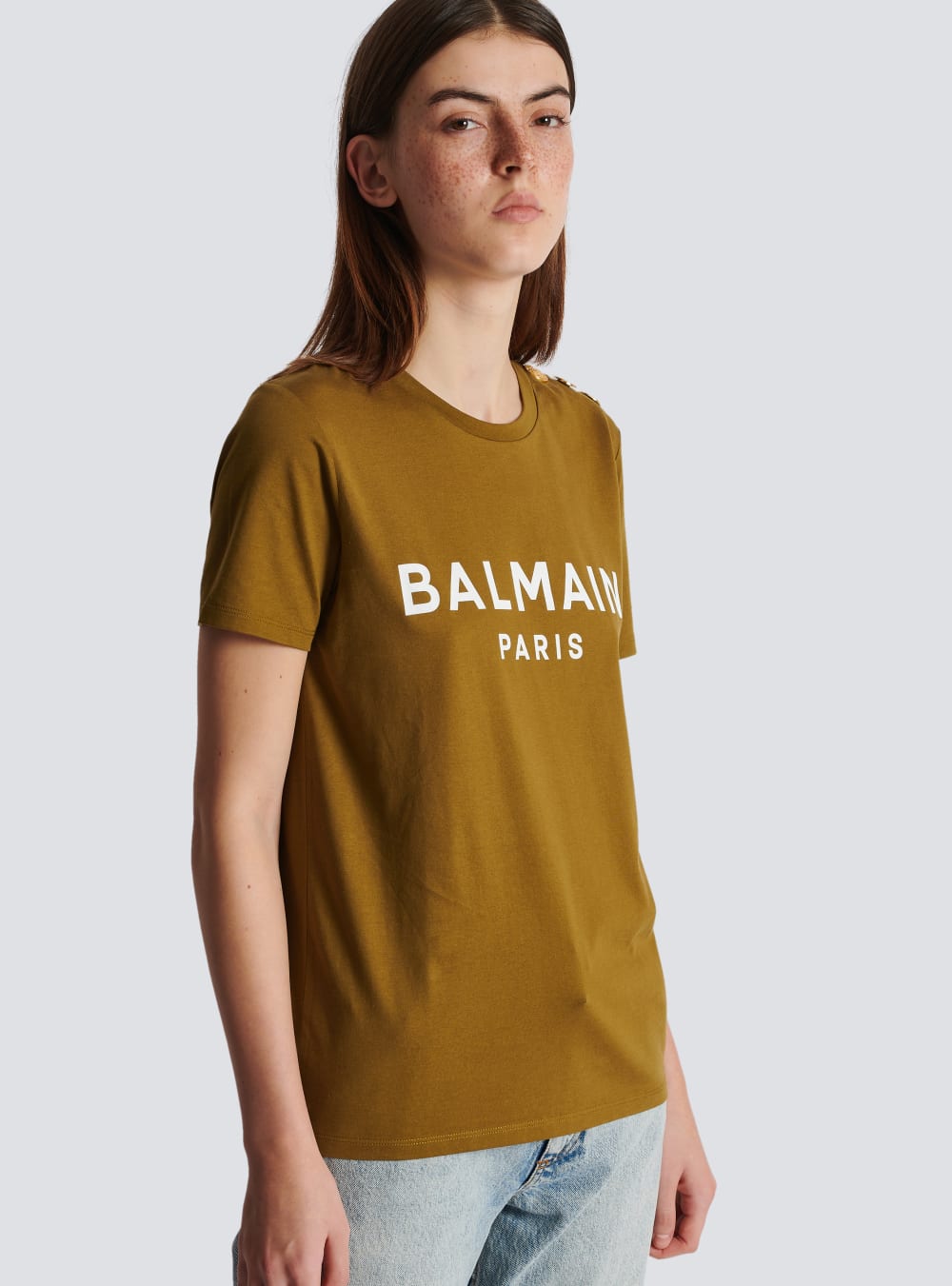 Women's Balmain Eco-responsible Cotton With Logo Print T Shirts Khaki | USA EYpEFOKZ