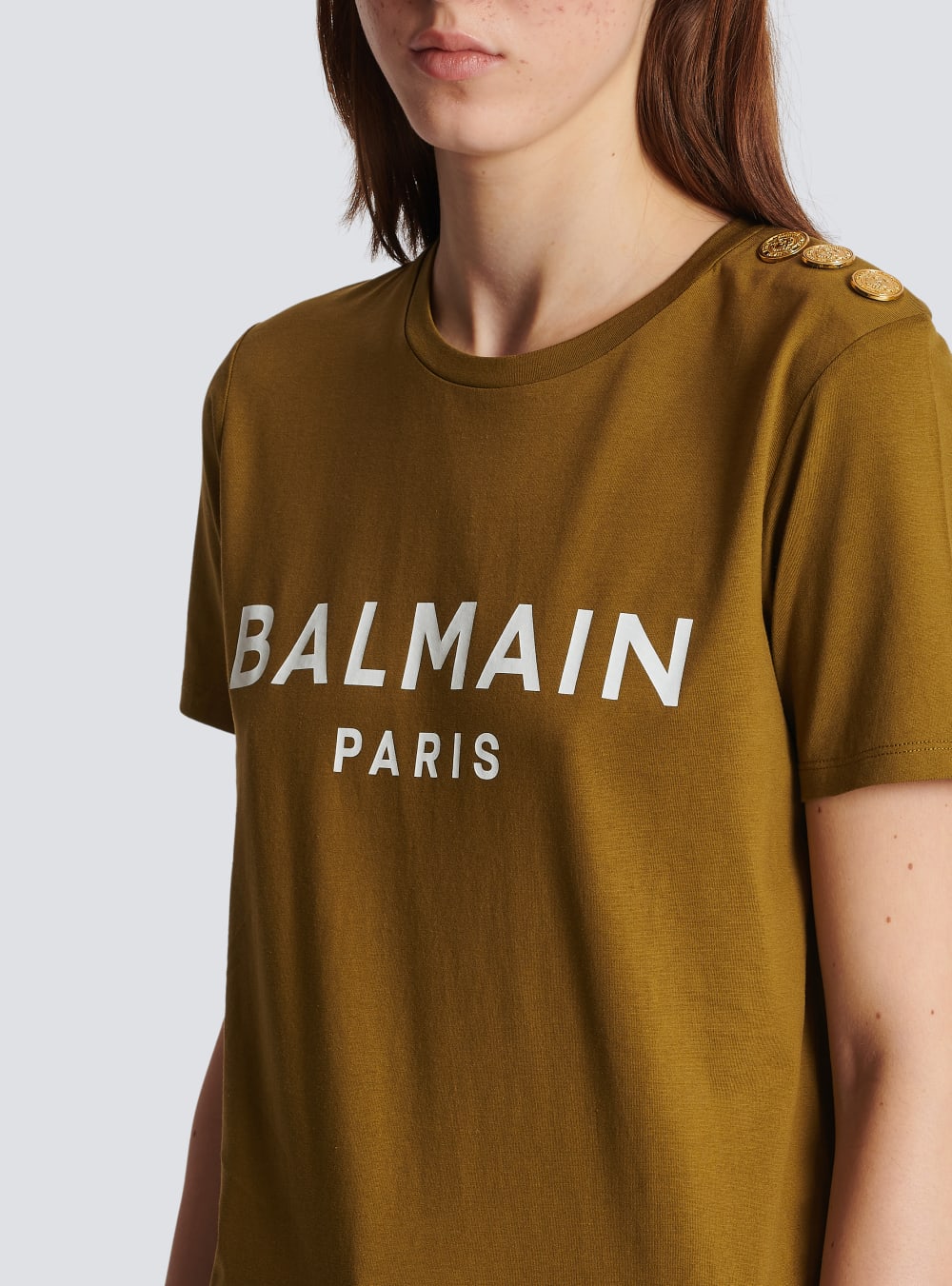 Women's Balmain Eco-responsible Cotton With Logo Print T Shirts Khaki | USA EYpEFOKZ