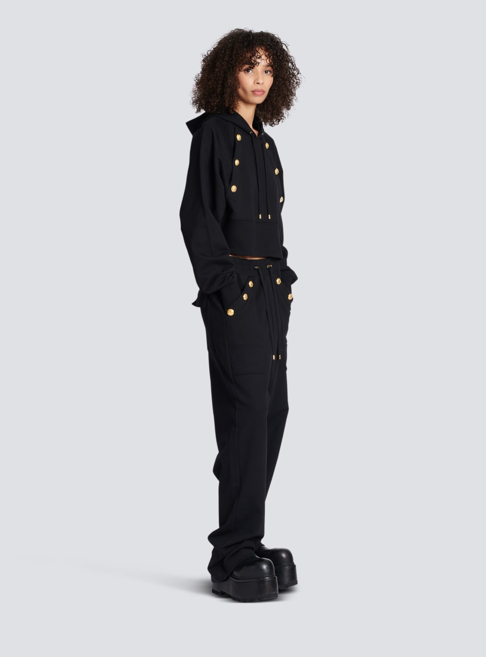 Women's Balmain Eco-responsible Cropped Cotton With Gold Buttons Sweatshirts Black | USA 6EEfGdBe