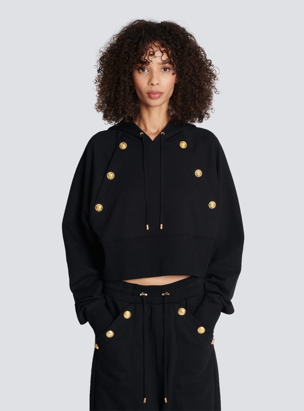 Women's Balmain Eco-responsible Cropped Cotton With Gold Buttons Sweatshirts Black | USA 6EEfGdBe