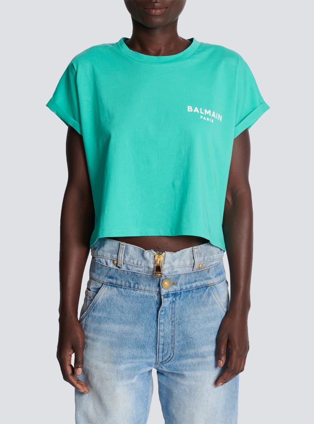 Women's Balmain Eco-responsible Cropped Cotton With Logo Print T Shirts Blue | USA MYTp3ATS