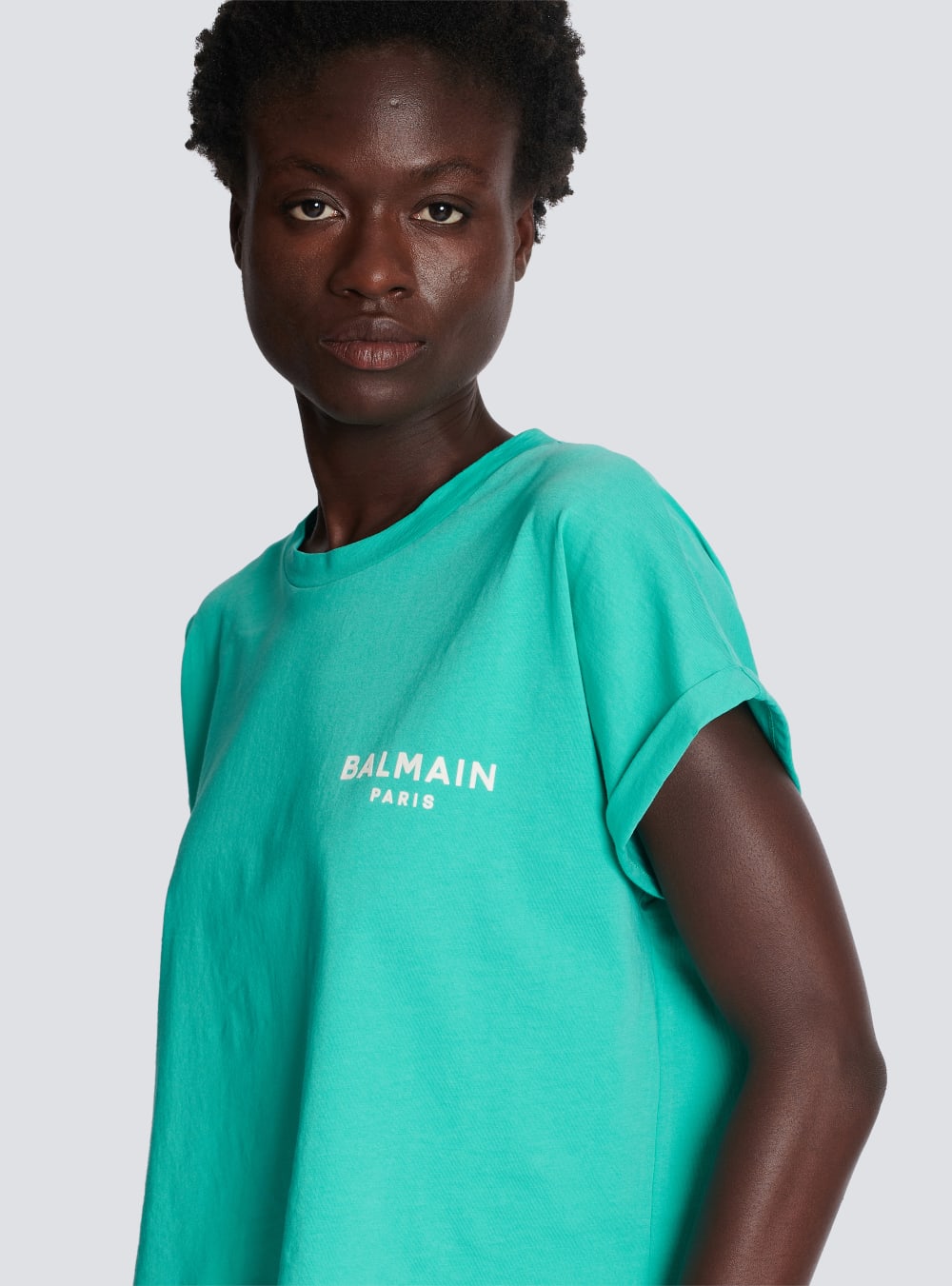 Women's Balmain Eco-responsible Cropped Cotton With Logo Print T Shirts Blue | USA MYTp3ATS