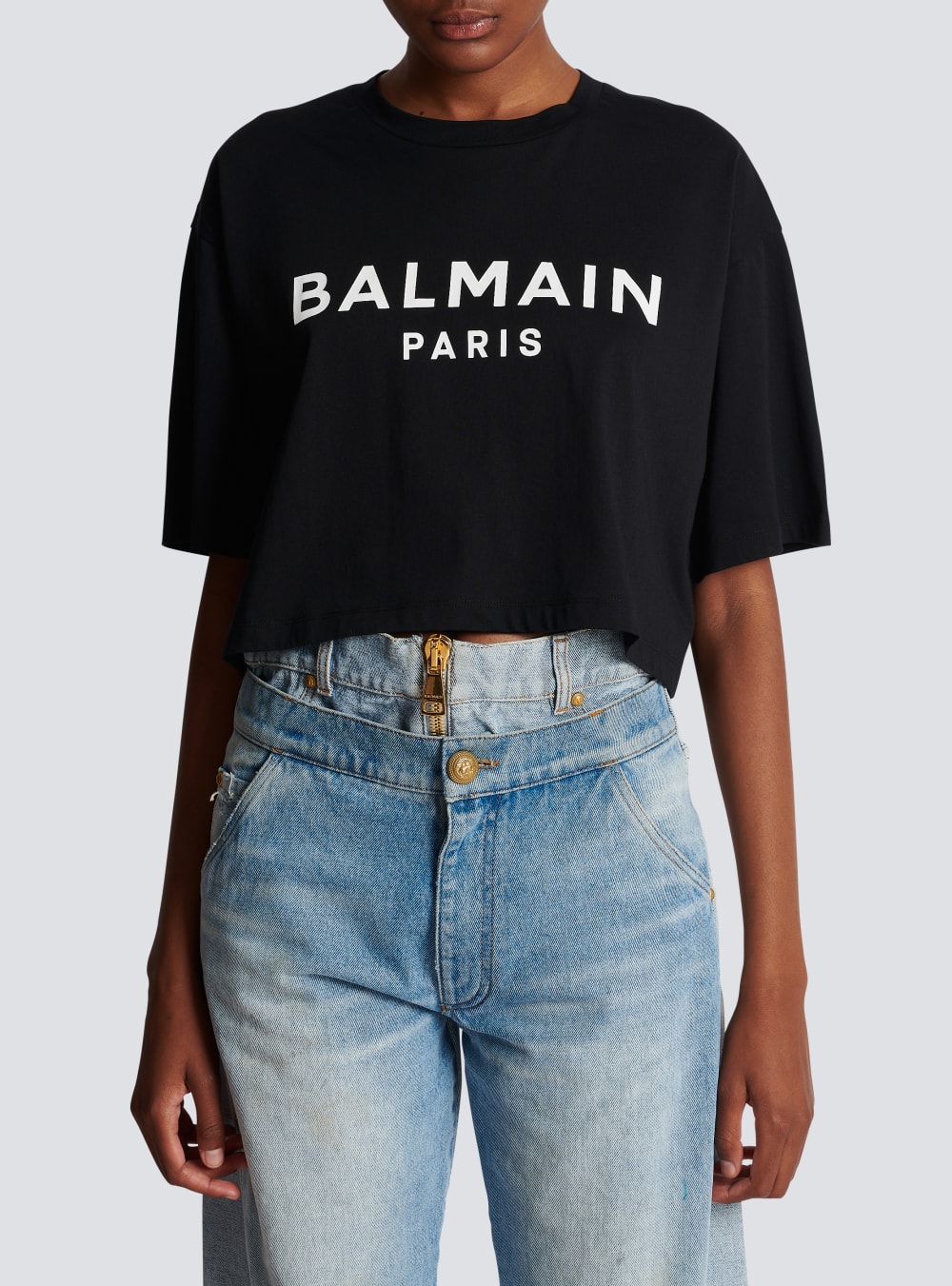 Women's Balmain Eco-responsible Cropped Cotton With Logo Print T Shirts Black | USA SdanVqDn