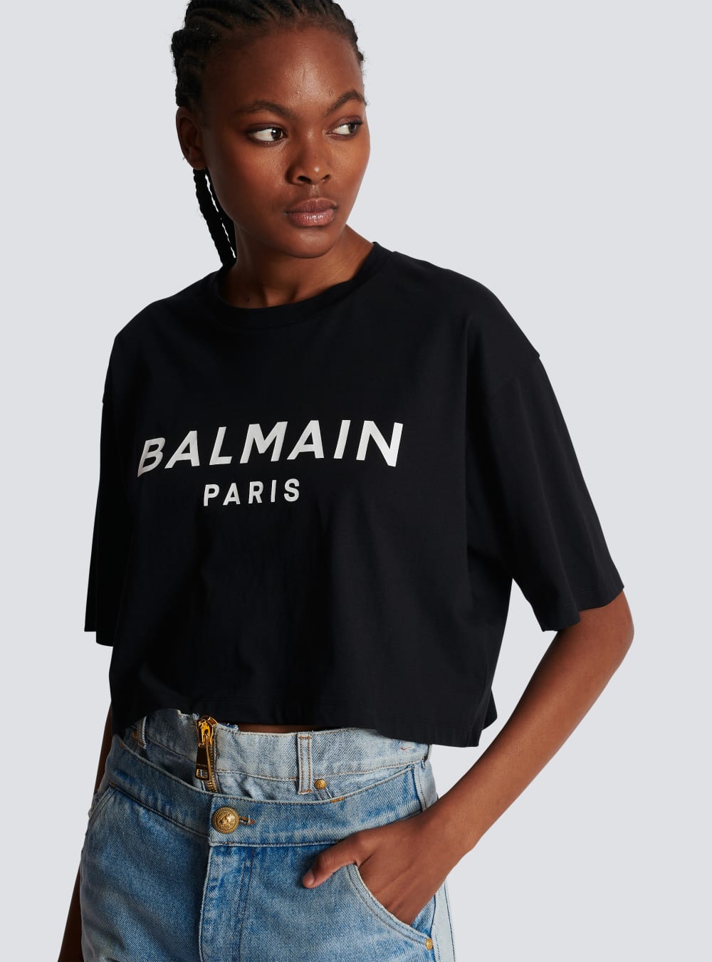 Women's Balmain Eco-responsible Cropped Cotton With Logo Print T Shirts Black | USA SdanVqDn