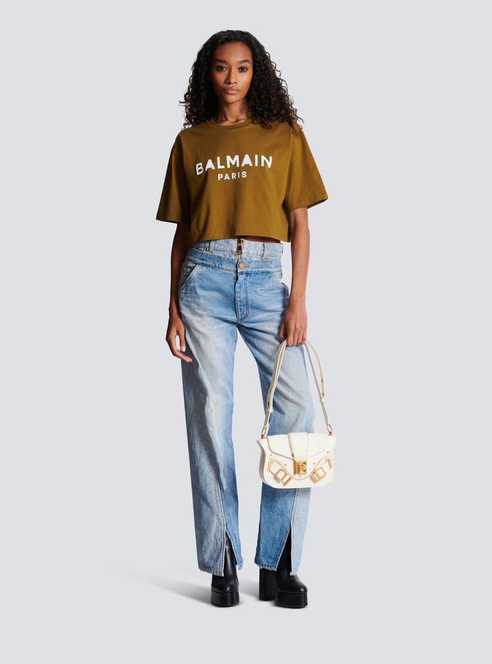 Women's Balmain Eco-responsible Cropped Cotton With Logo Print T Shirts Khaki | USA Yk6gheU0