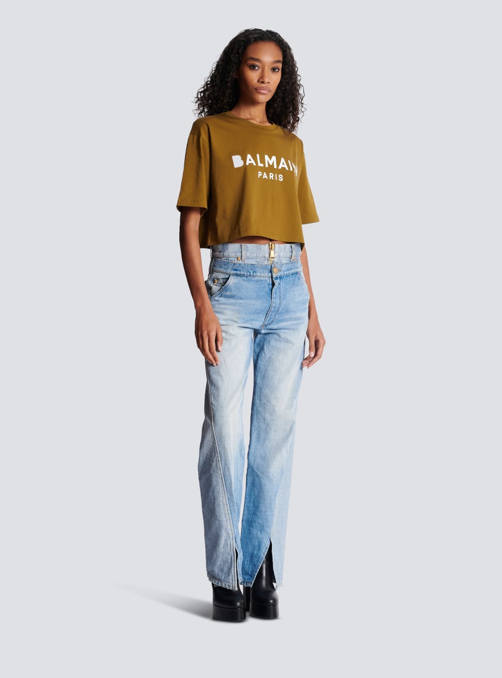 Women's Balmain Eco-responsible Cropped Cotton With Logo Print T Shirts Khaki | USA Yk6gheU0