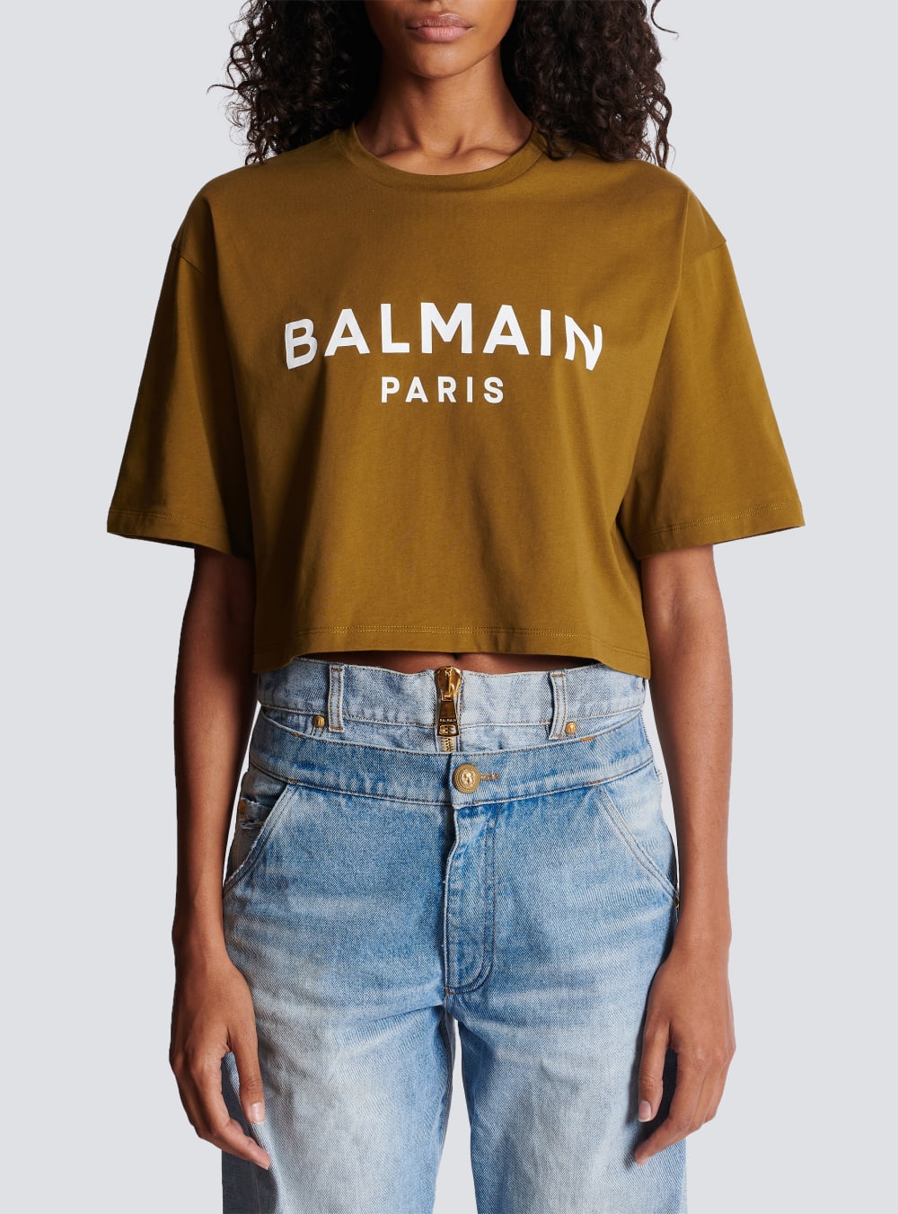 Women's Balmain Eco-responsible Cropped Cotton With Logo Print T Shirts Khaki | USA Yk6gheU0