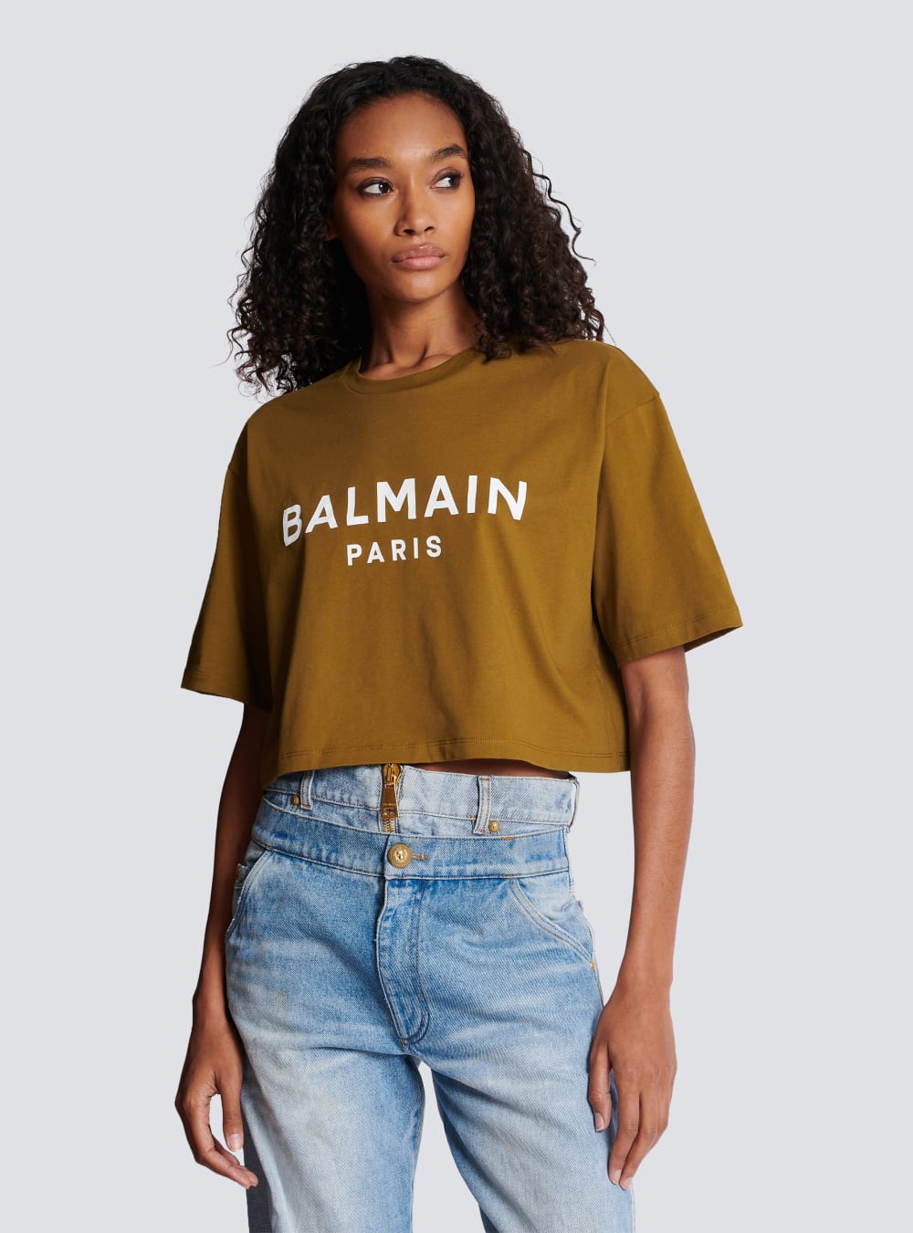 Women's Balmain Eco-responsible Cropped Cotton With Logo Print T Shirts Khaki | USA Yk6gheU0