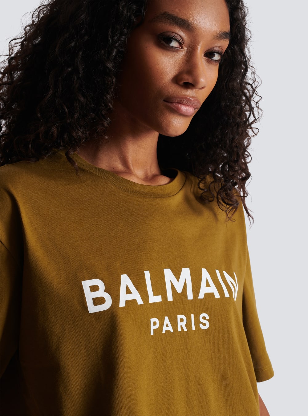 Women's Balmain Eco-responsible Cropped Cotton With Logo Print T Shirts Khaki | USA Yk6gheU0