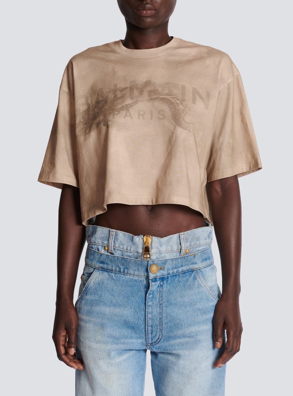 Women's Balmain Eco-responsible Cropped Cotton With Logo Print T Shirts Beige | USA qAW2mqCp