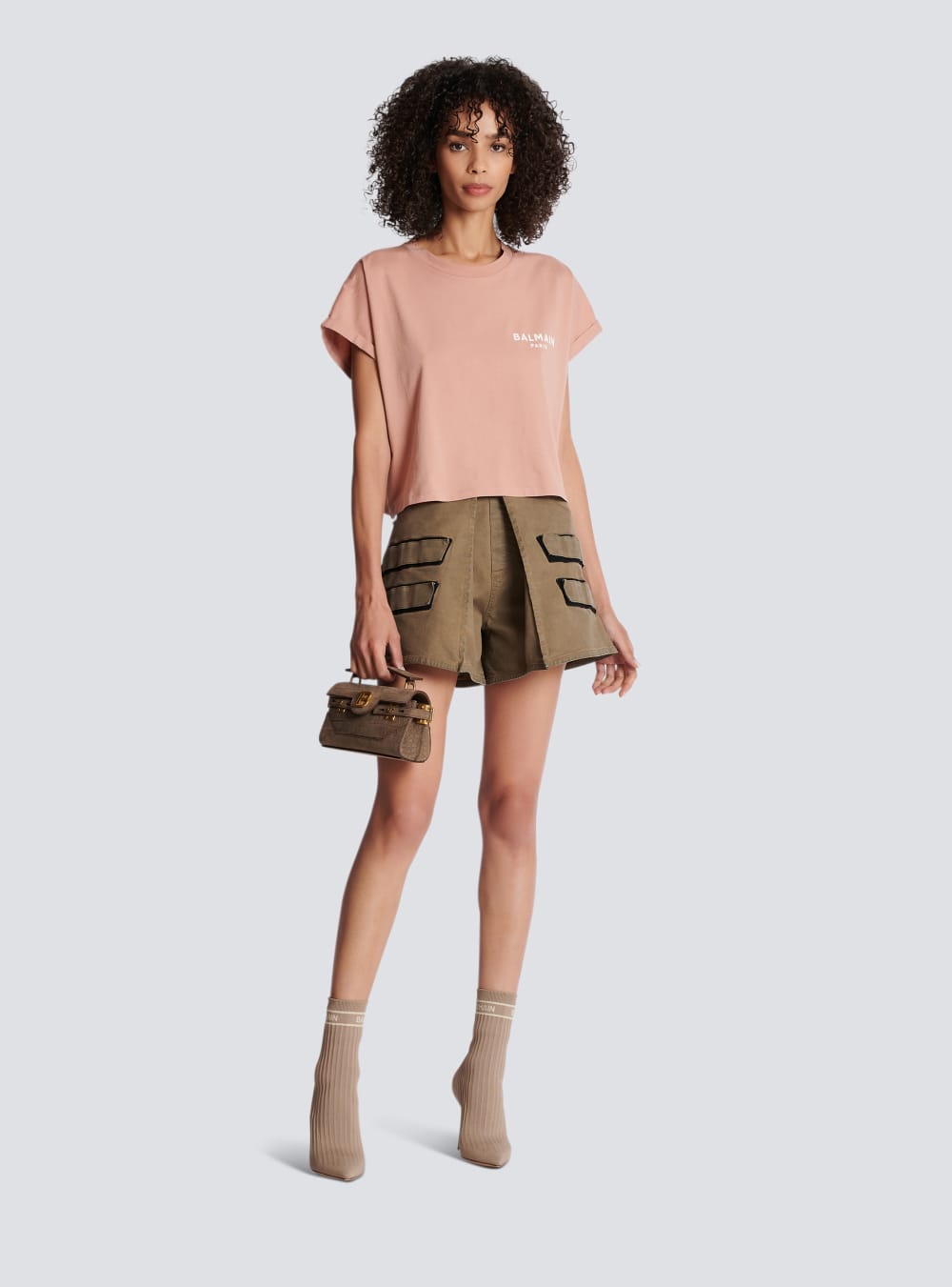 Women's Balmain Eco-responsible Cropped Cotton With Logo Print T Shirts Pink | USA qOuKiPF6